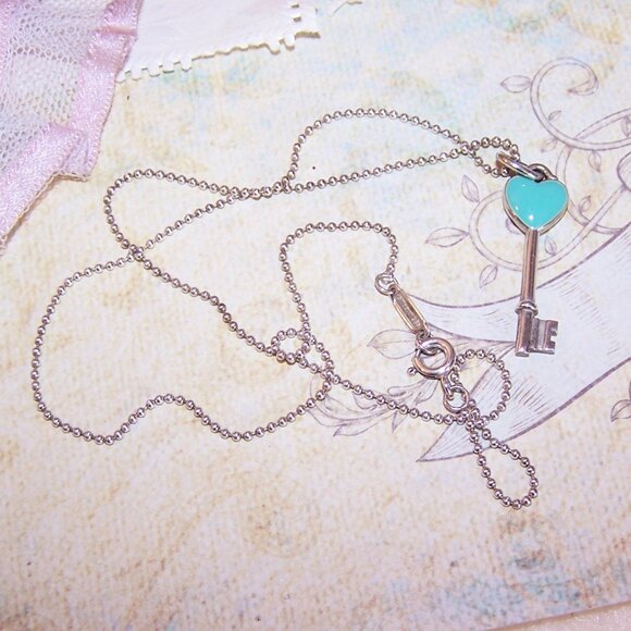 Tiffany & Co Sterling Silver 16" Bead Chain with Blue Enamel Key Pendant - Picture 4 of 9